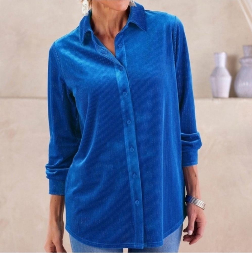 Soft Surroundings Women's Textured Velvet Boyfriend Shirt Sapphire Blue Size M